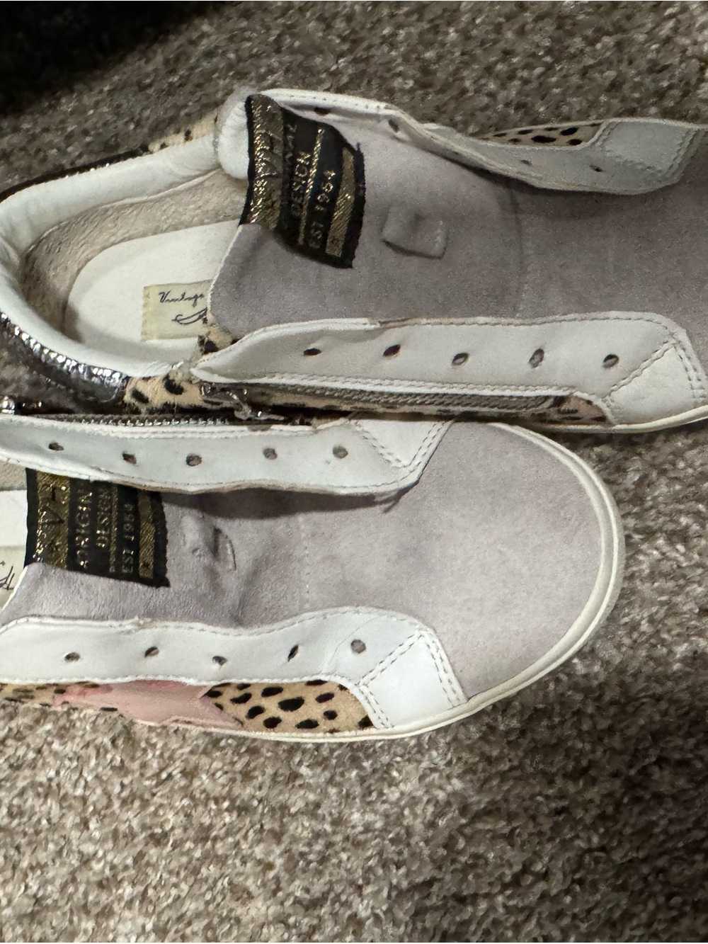 Vintage Havana Gray Suede Sneakers with Leopard Accent and Gold Label